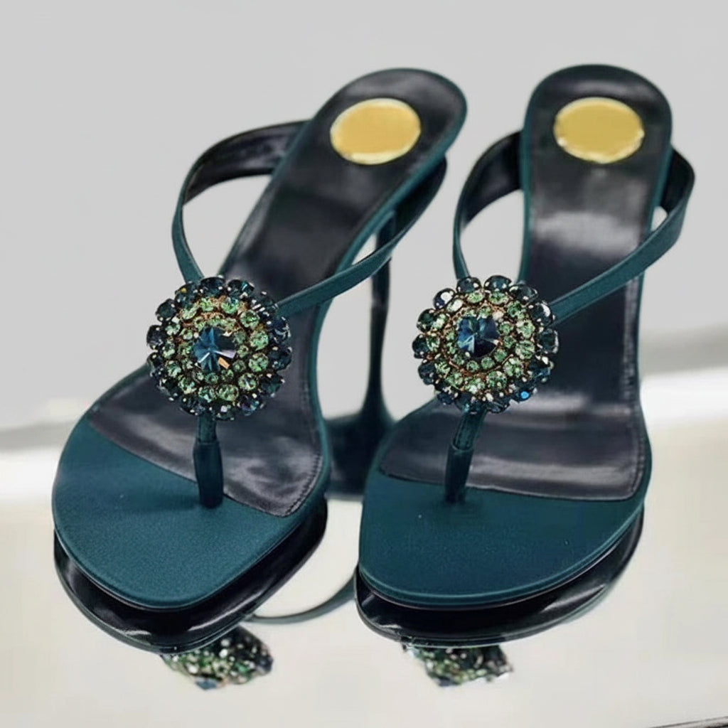 Jewel Rhinestones Flowers Thong Heels