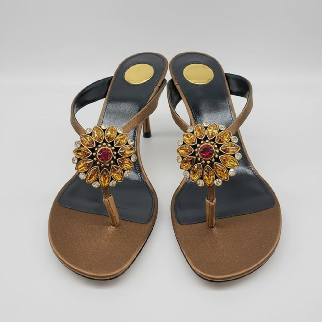 Jewel Rhinestones Flowers Thong Heels