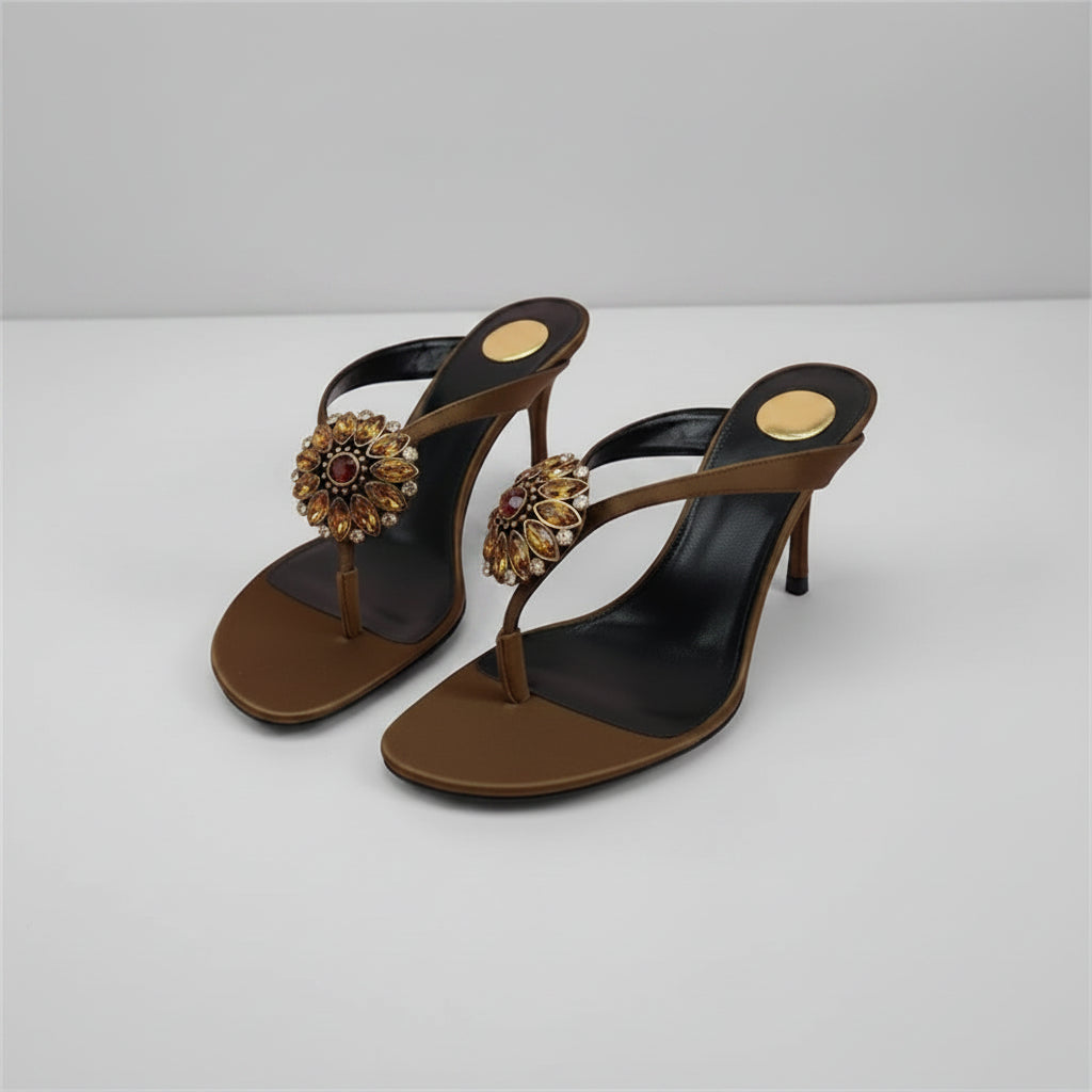 Jewel Rhinestones Flowers Thong Heels