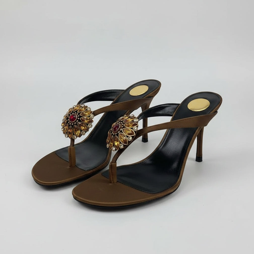 Jewel Rhinestones Flowers Thong Heels