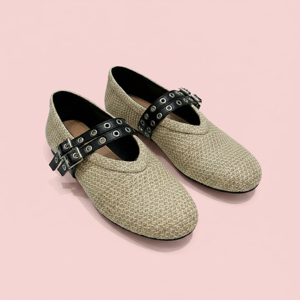 Buckle Strap Straw Mary Jane Flats