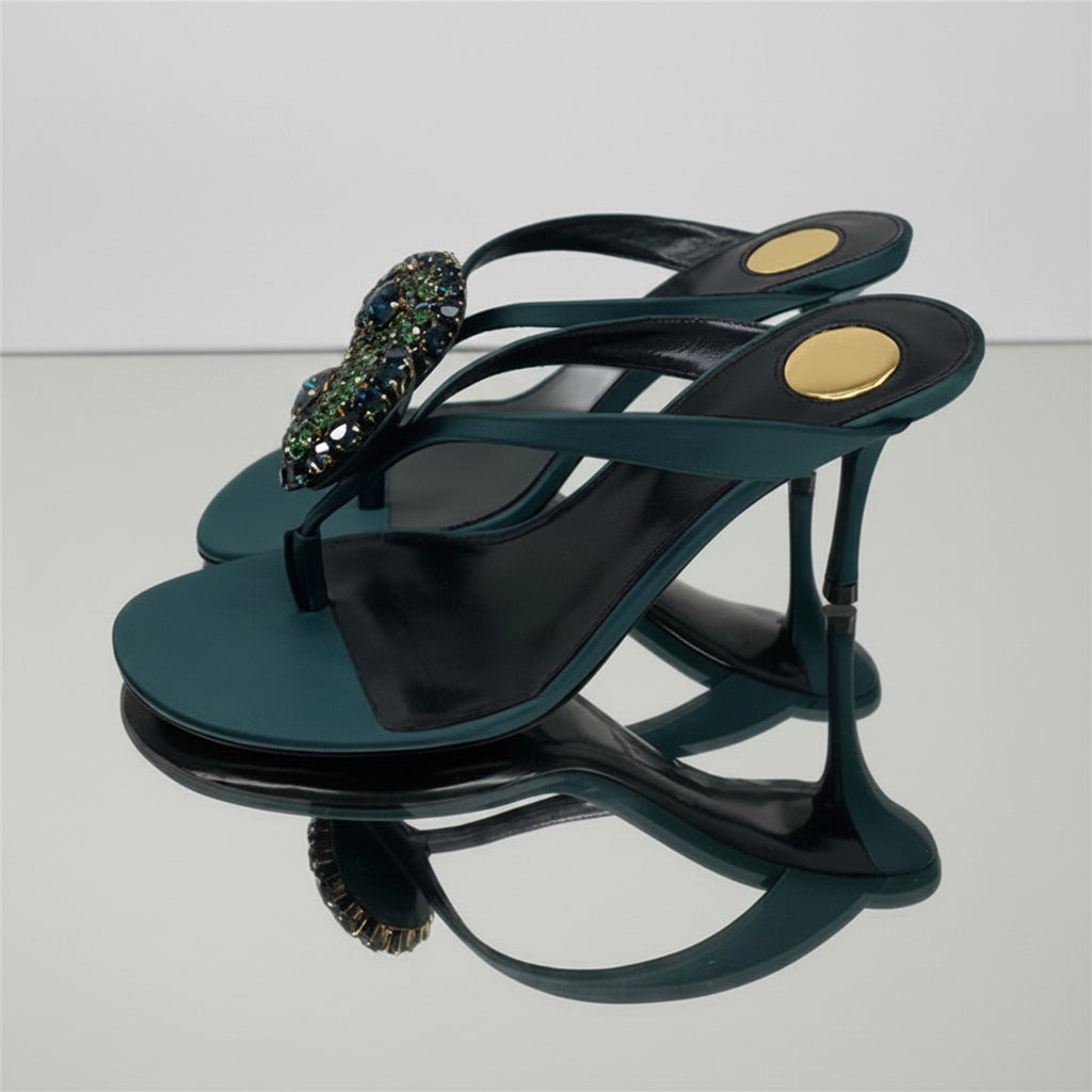 Jewel Rhinestones Flowers Thong Heels