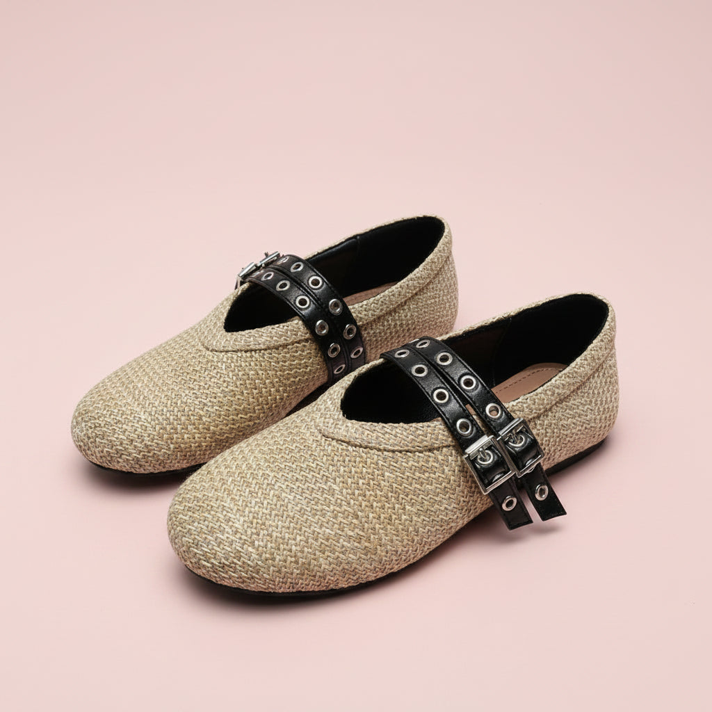 Buckle Strap Straw Mary Jane Flats