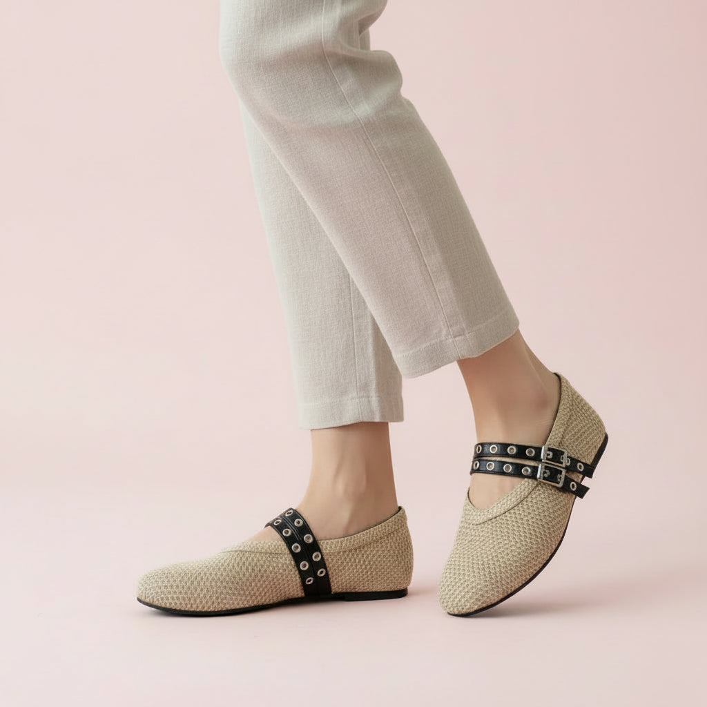 Buckle Strap Straw Mary Jane Flats