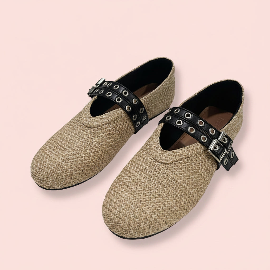 Buckle Strap Straw Mary Jane Flats